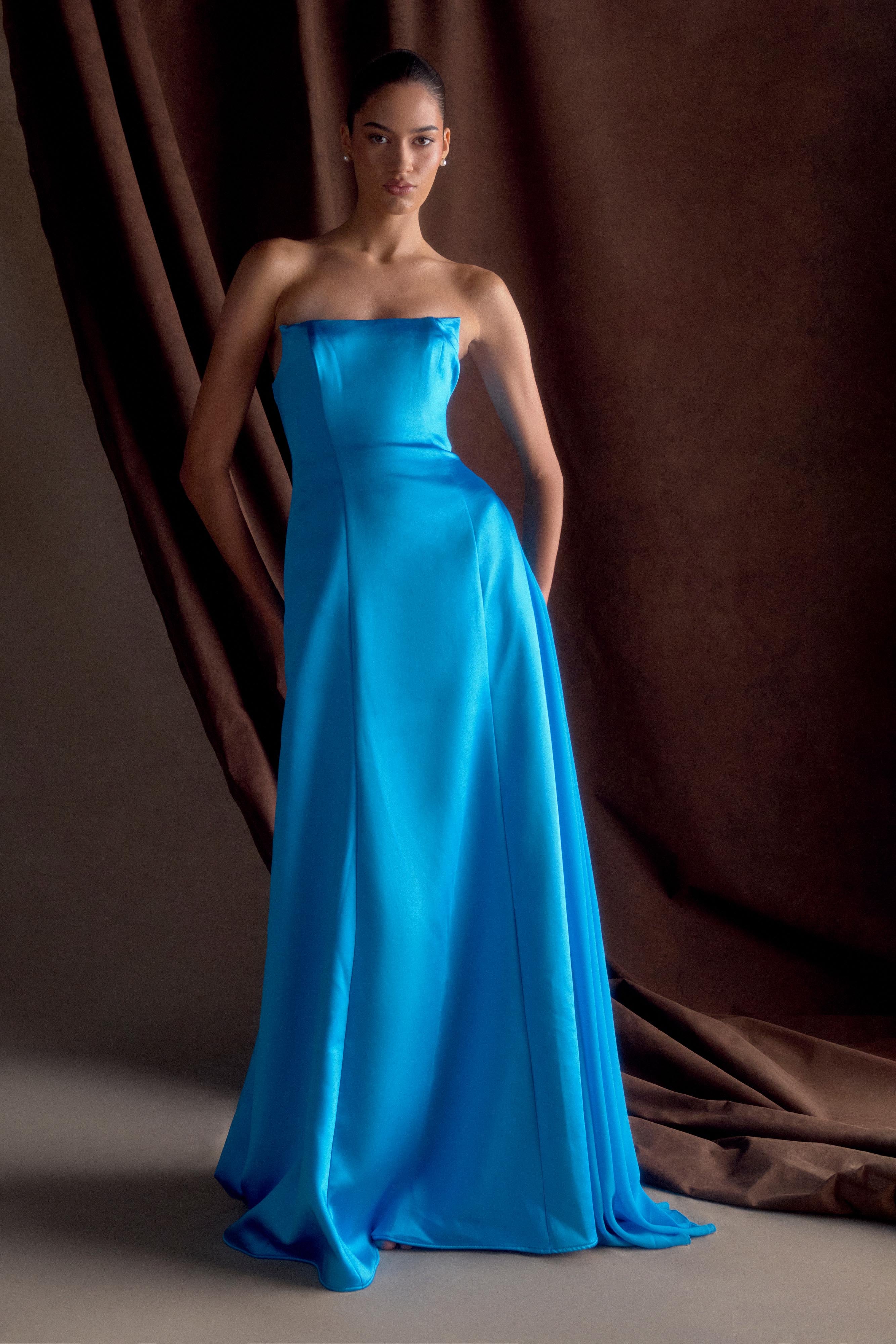 Rosella Satin Strapless Maxi Dress - Cyan Blue、mySite、solidvoid