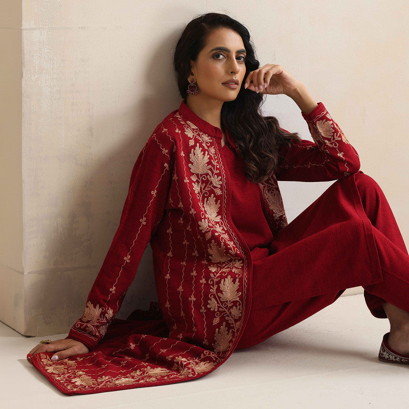 Woolen Kurta Set For Women | Kurta, Pyjama & Jacket | Embroidered | Red、mySite、camillekostekn