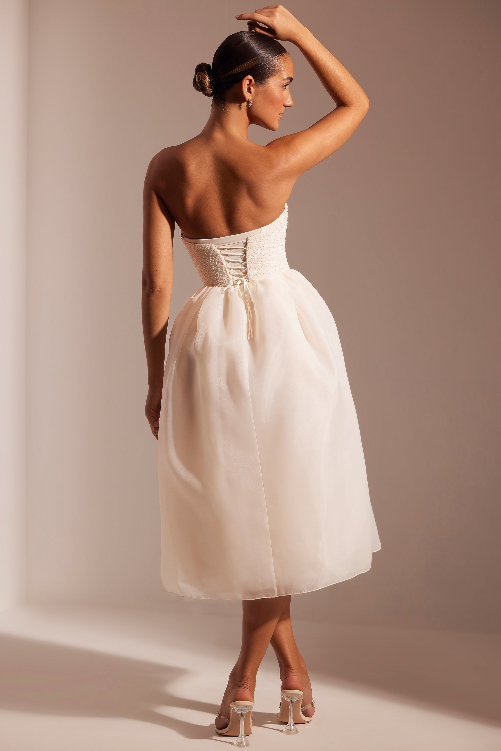Embellished Corset Tulle Skirt Midi Dress in Ivory、mySite、solidvoid