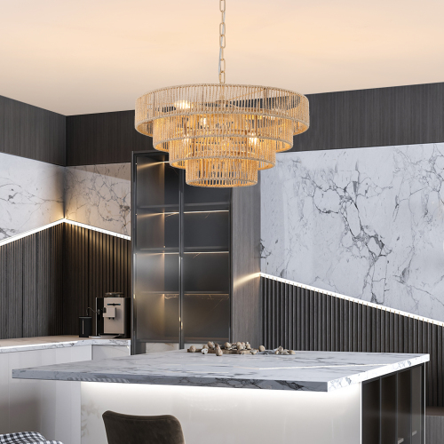 20" Rustic 4-Tier Black Hemp Rope Pendant Light Chandelier with 6 E12 Sockets, Handmade Tiered Boho Ceiling Light Fixture for Dining Room, Kitchen, or Foyer (Bulb Not Included)、、eastwooduniform