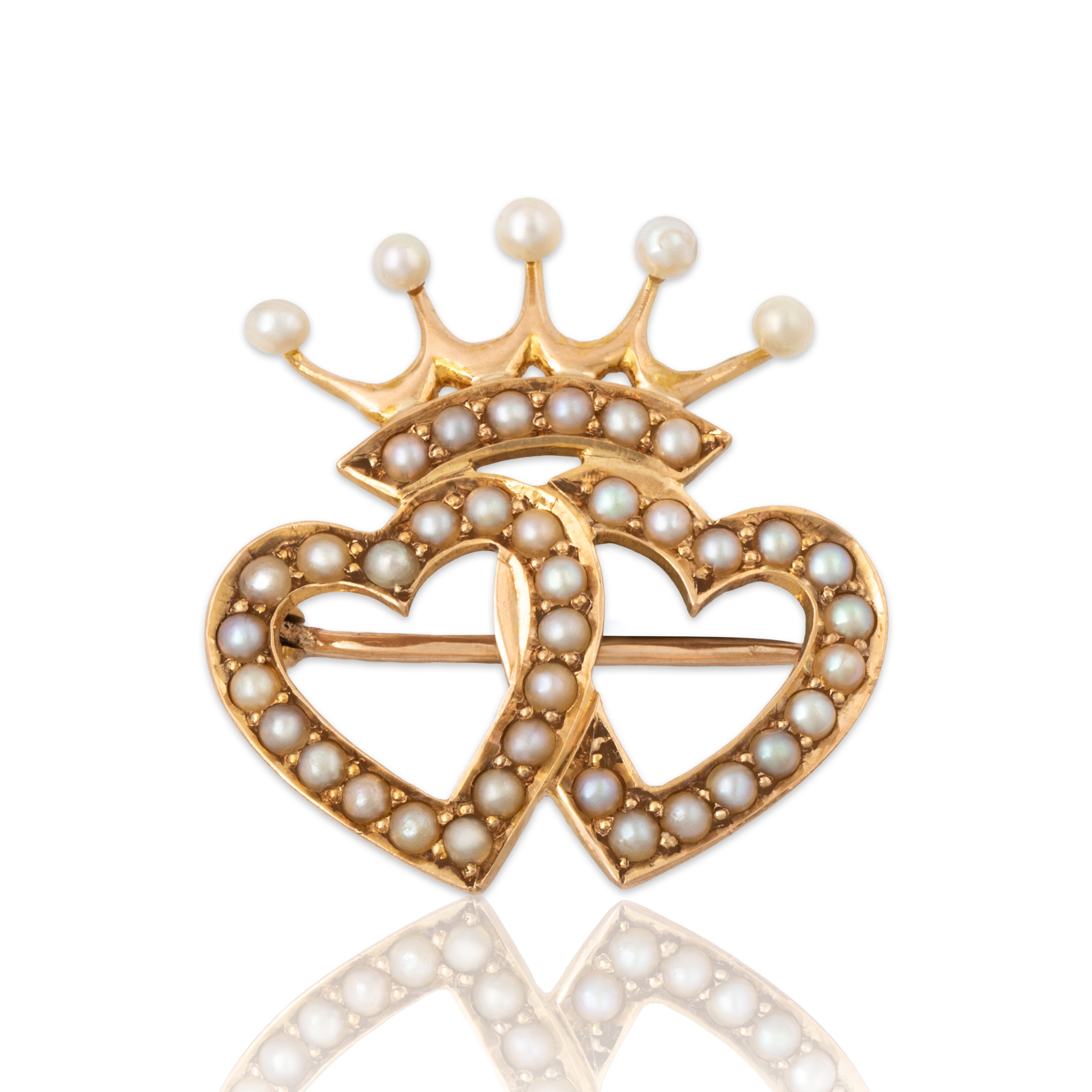 Antique Edwardian 15k Rosy Yellow Gold Pearl Crowned Hearts Brooch / Pin、mySite、hinf8tx79