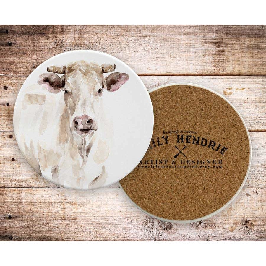 Watercolor Farm Animals Ceramic Coaster Set-Pig, Cow, Hen, Goat、mySite、g9winljtr