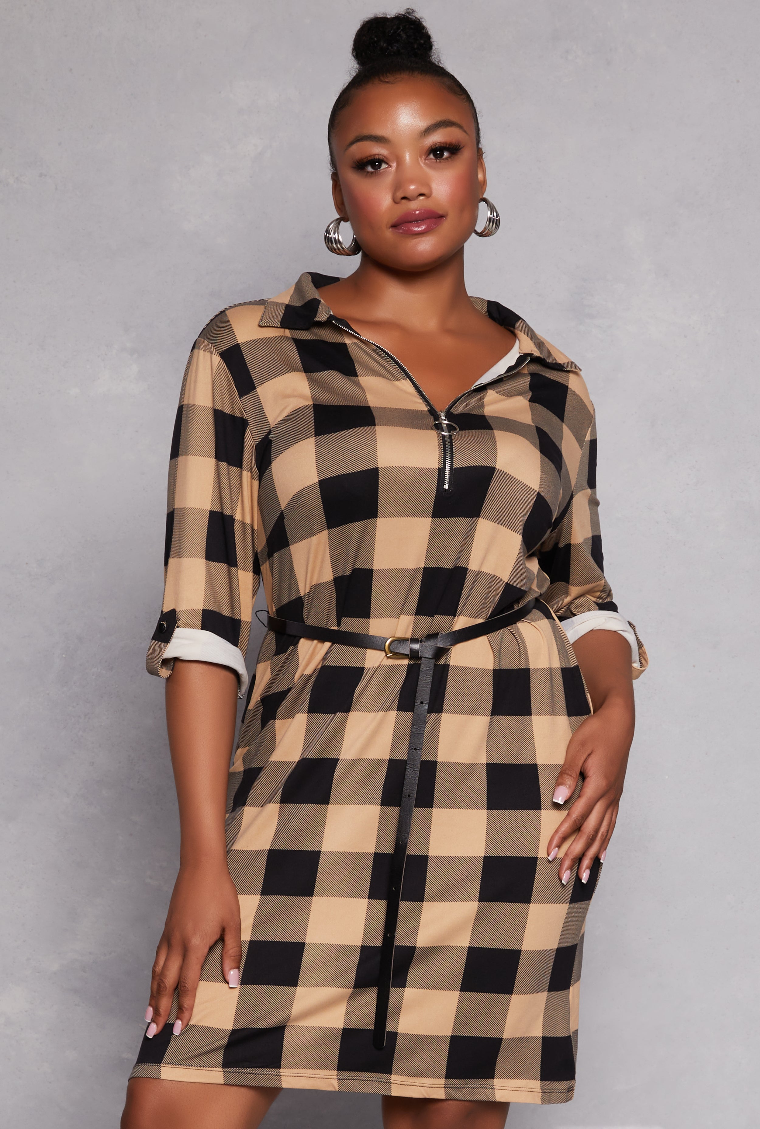 Plus Size Plaid Half Zip Belted Midi Dress、mySite、camillekostekn