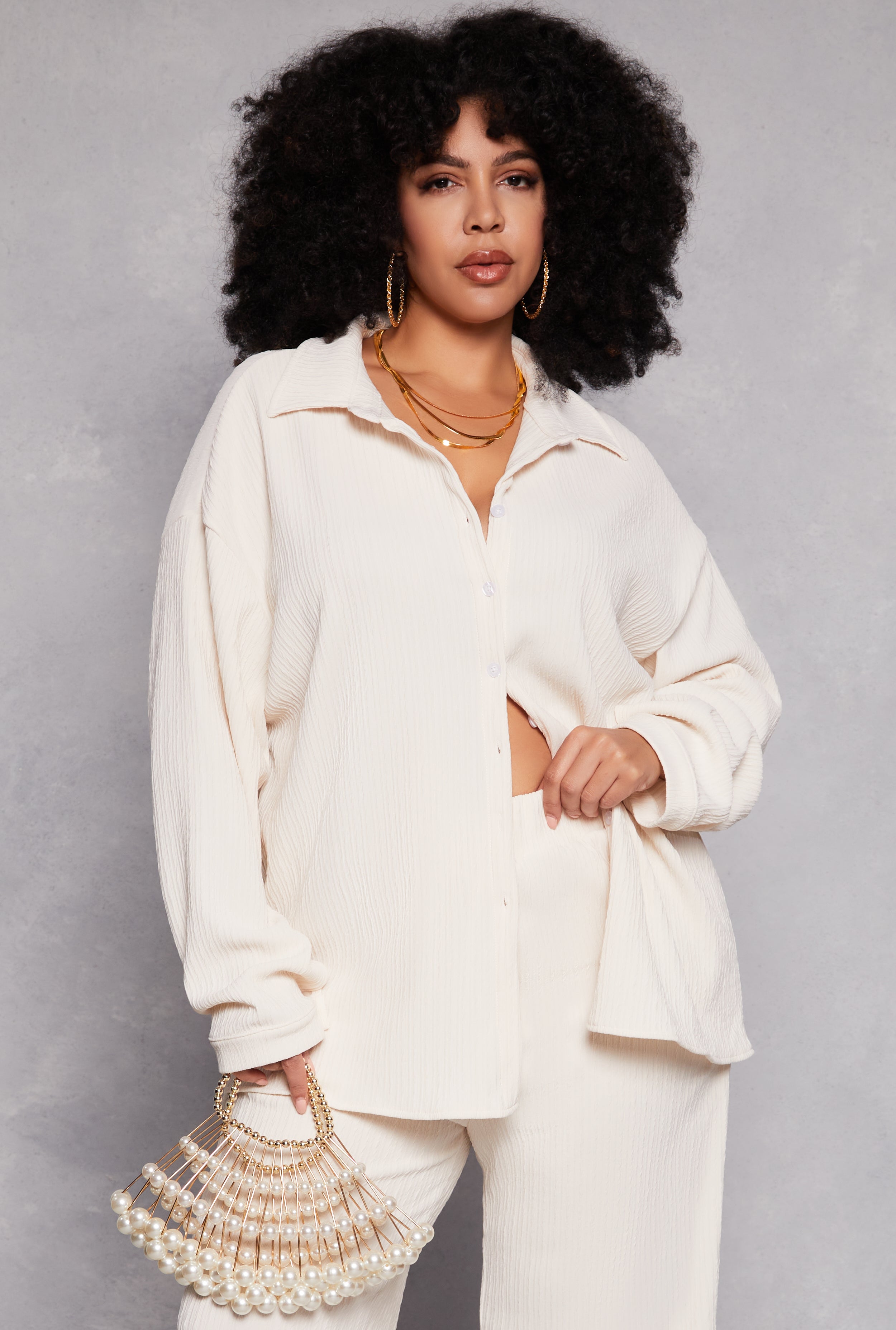 Plus Size Textured Knit Button Down Shirt、mySite、camillekostekn