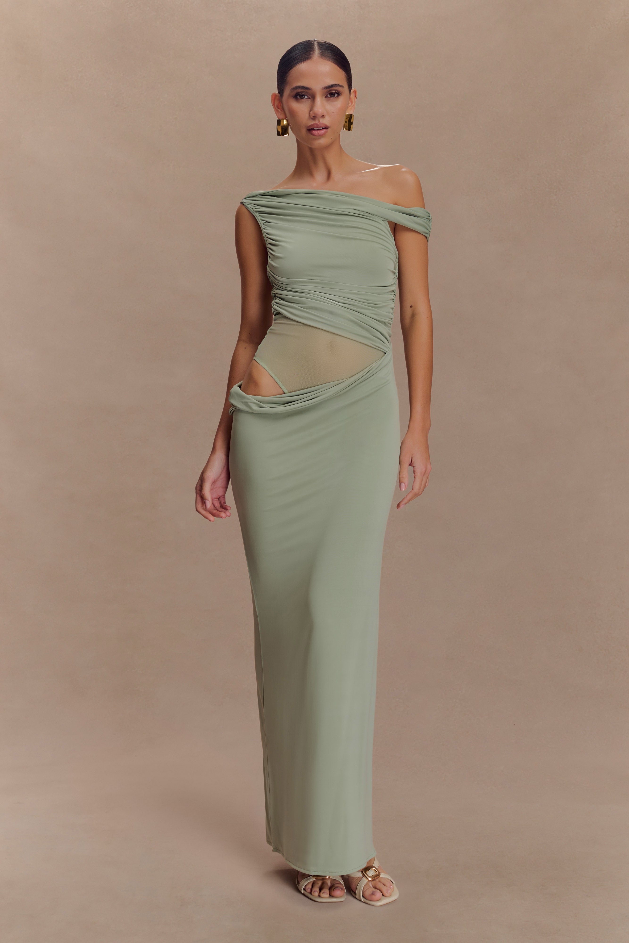 Callen One Shoulder Slinky Maxi Dress - Sage、mySite、solidvoid