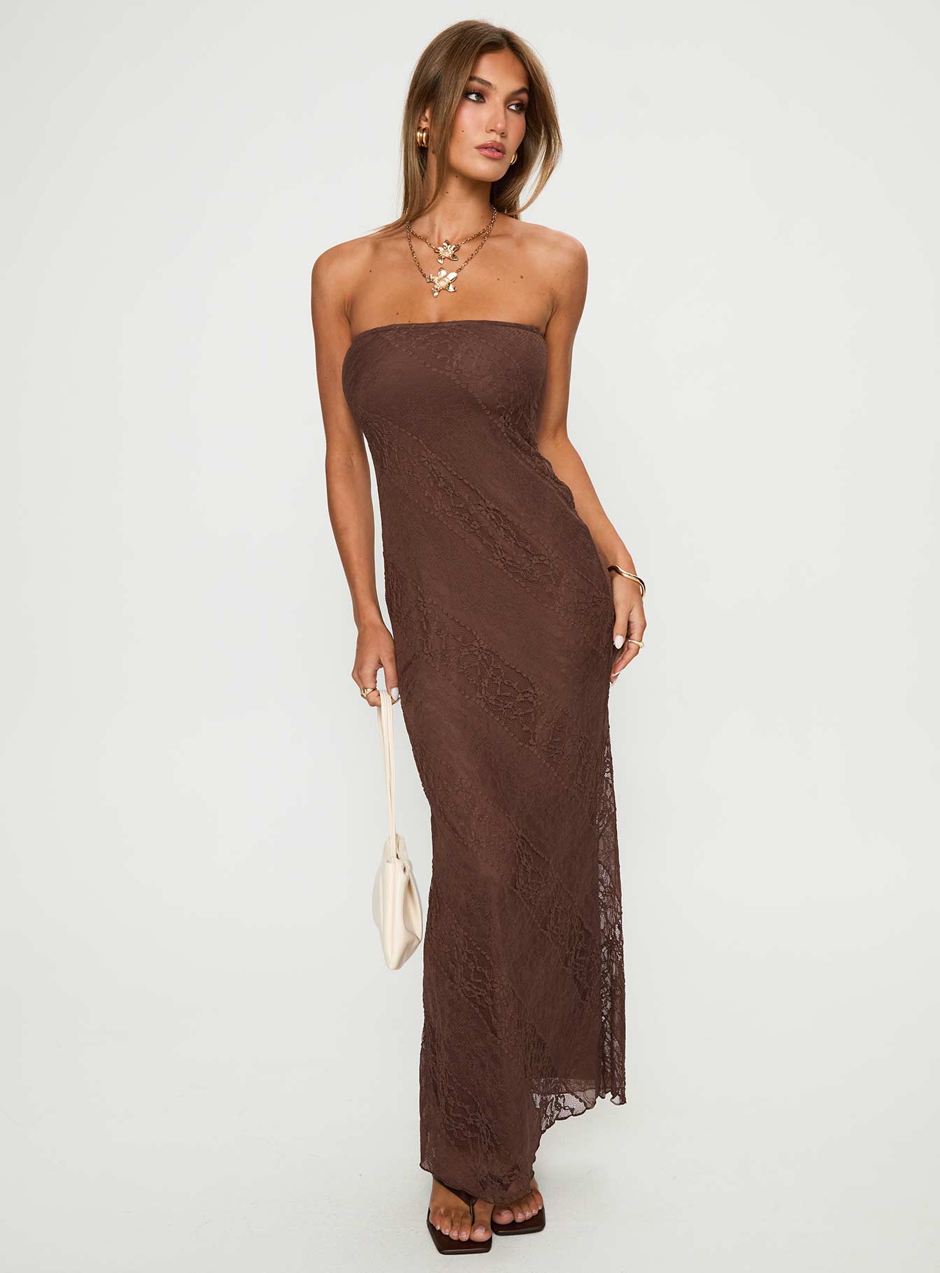 Majorca Strapless Lace Maxi Dress Chocolate、mySite、solidvoid
