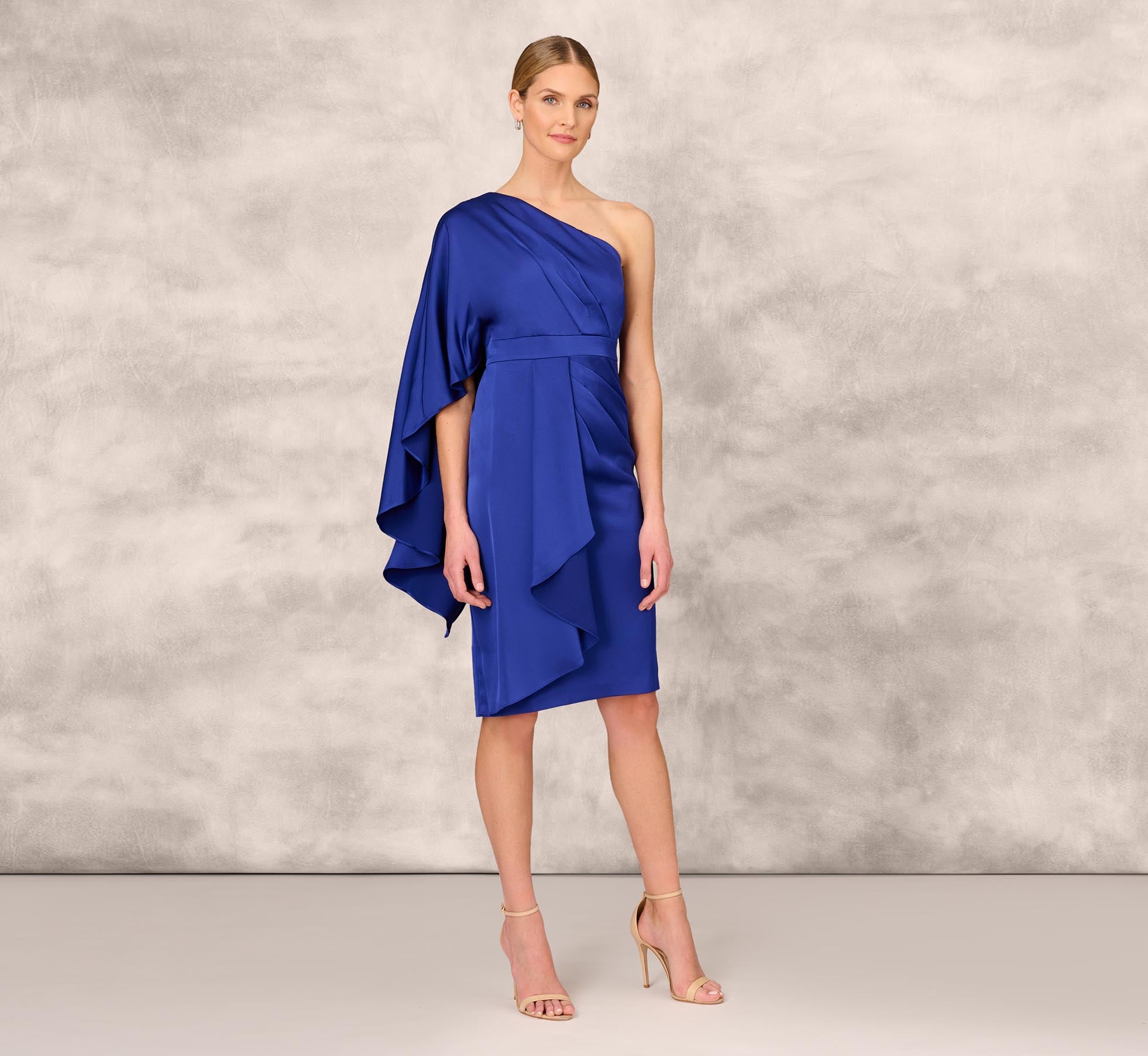 One-Shoulder Satin Draped Sheath Dress With Crepe Back And Cape In Royal Sapphire、mySite、solidvoid