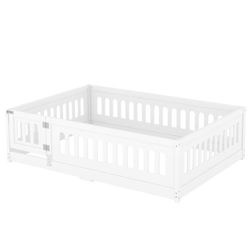 Twin Size Floor Bed with Heightened Safety Guardrails and Door, Solid Wood Bedframe with Rails for Girls, Boys, Teens, Child Bedroom, Kids Playroom, No Slats Included, White、、casual