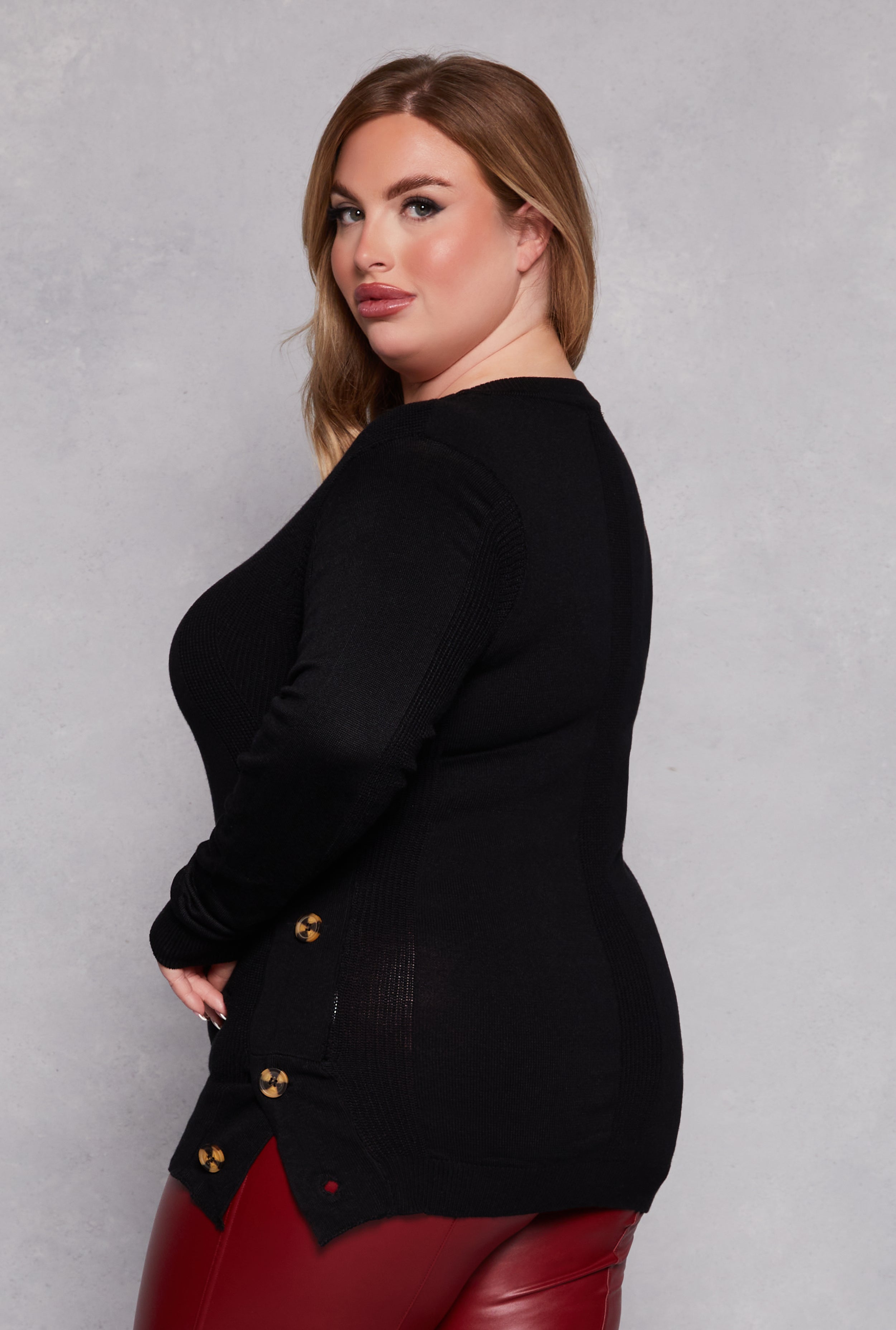 Plus Size Button Side Detail Crew Neck Sweater、mySite、camillekostekn