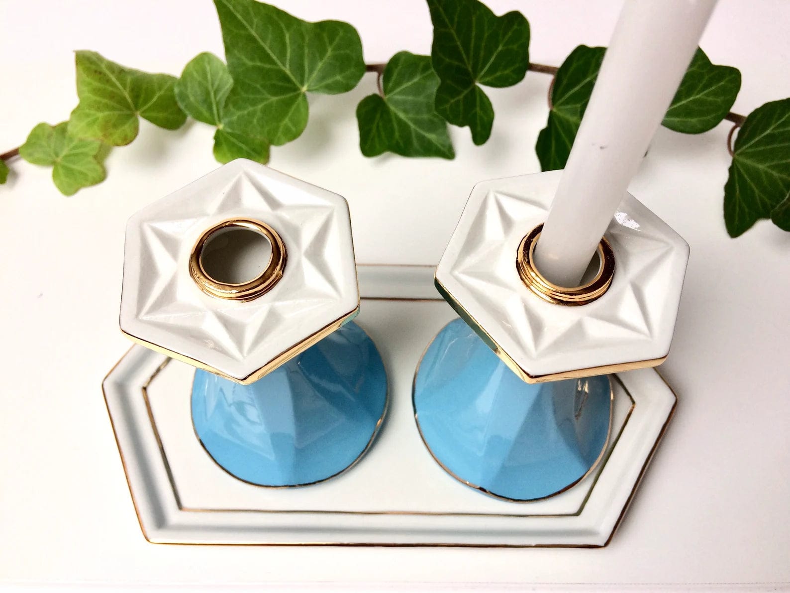 Blue, White and Gold Porcelain Star of David Candlesticks and Tray、mySite、topwebapps