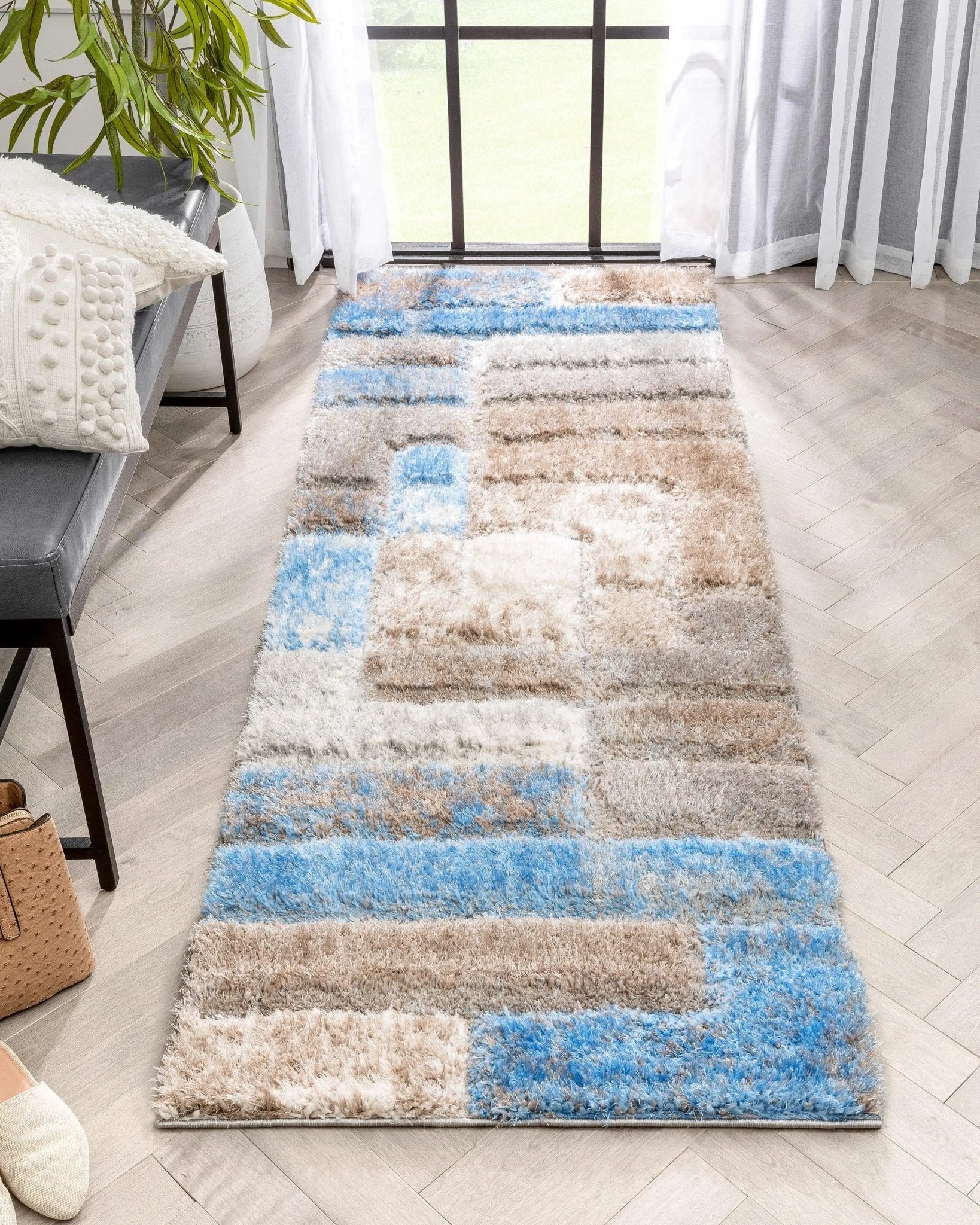 Kenzo Retro Geometric Pattern 3D Textured Shag Grey Light Blue Rug、mySite、gigharbornorthrealestate