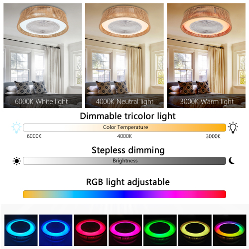 21" Modern Rustic Ceiling Fan Light with LED RGB Mood Lighting, Rope Woven Design, Quiet Fan, Semi Flush Mount for Bedroom, Living Room, or Dining Room ((Silent/6-Speed/Reversible/DC Motor))、、eastwooduniform