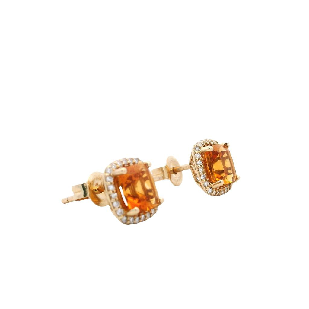  Estate 14K Yellow Gold 2.09ctw Cushon Citrine & Diamond Halo Stud Earrings