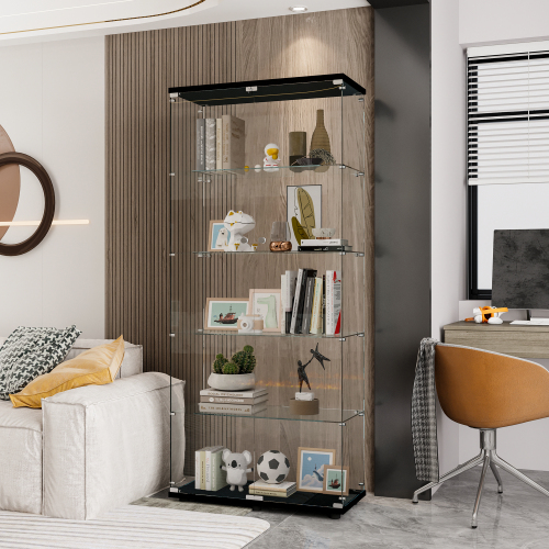 Glass Display Cabinet with 5 Shelves Double Door, Curio Cabinets for Living Room, Bedroom, Office, Black Floor Standing Glass Bookshelf, Quick Installation、、casual