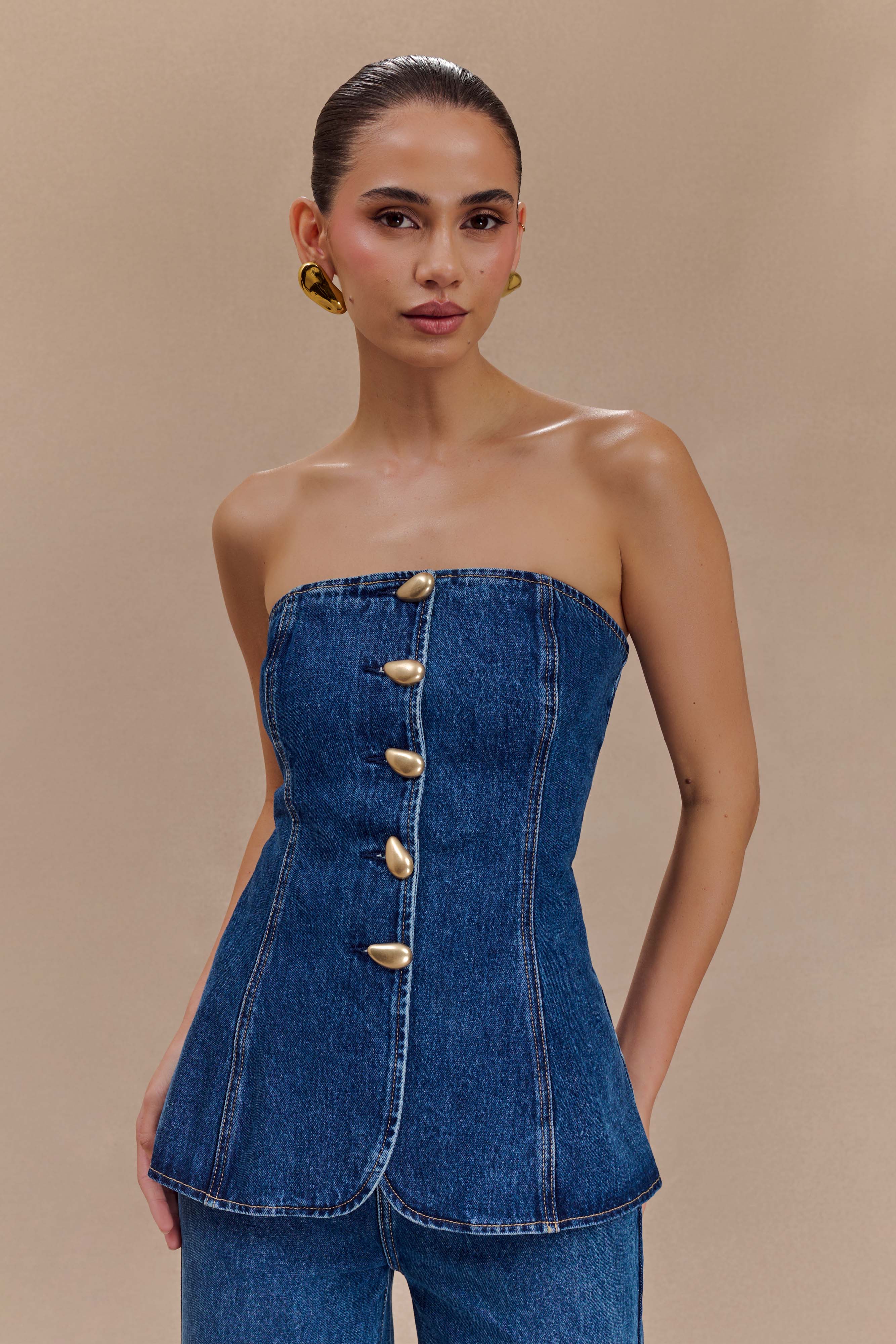 Lennox Strapless Long Line Button Top - Dark Blue、mySite、solidvoid