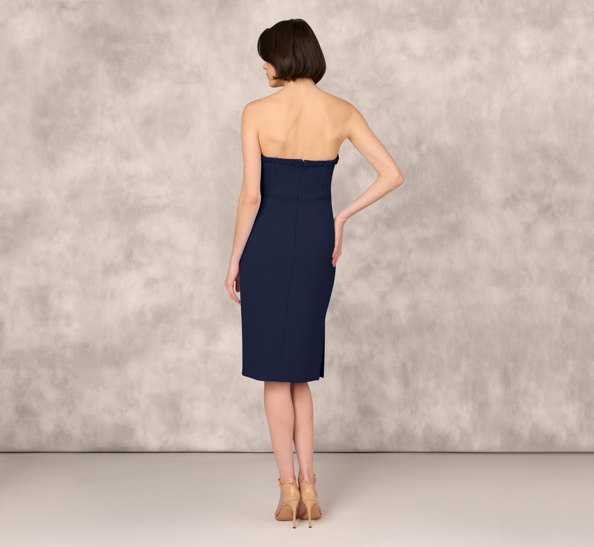 Strapless Bonded Crepe Midi Dress With Beaded Notch Neckline In Twilight、mySite、solidvoid