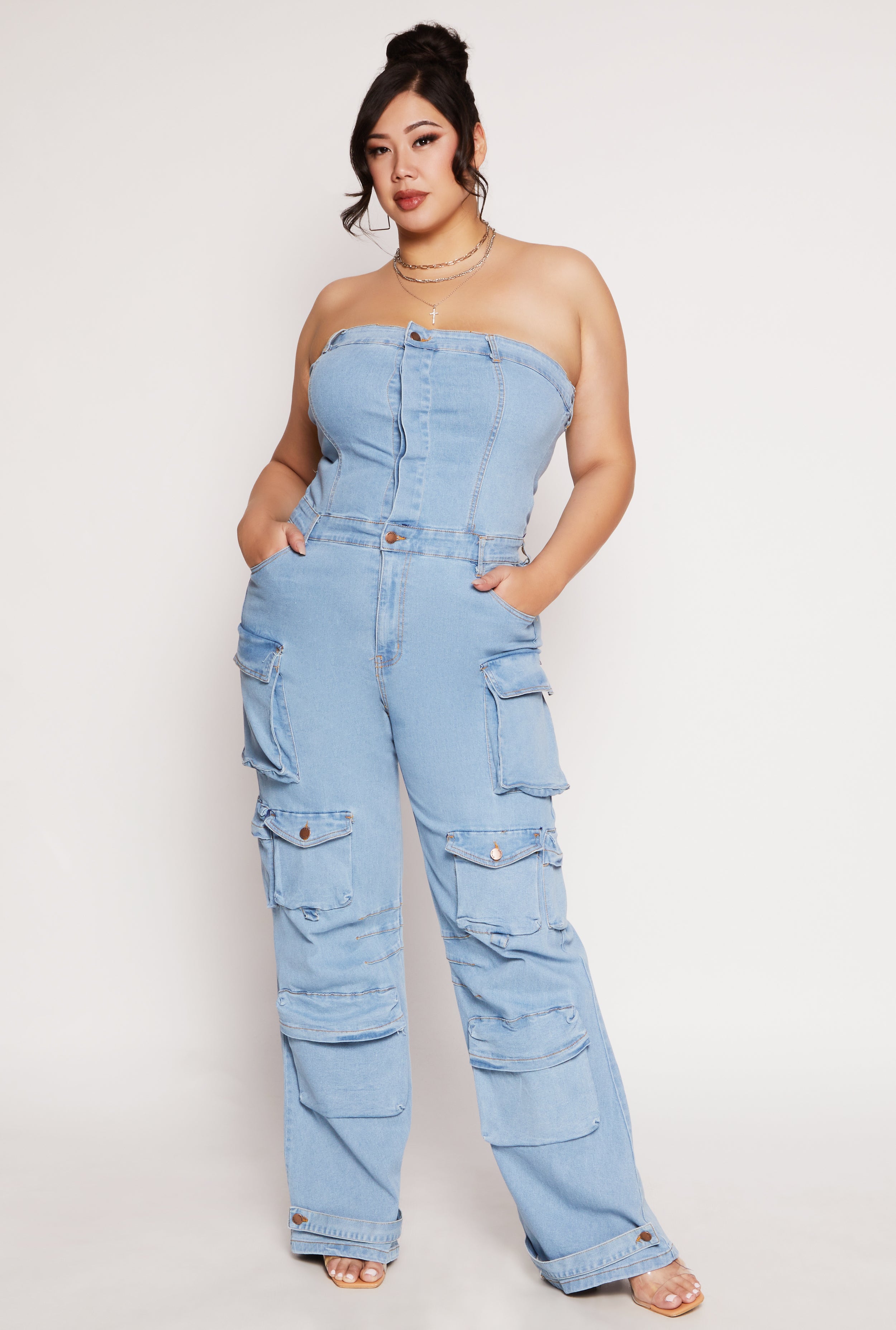 Plus Size Daisy Denim Strapless Utility Jumpsuit、mySite、camillekostekn