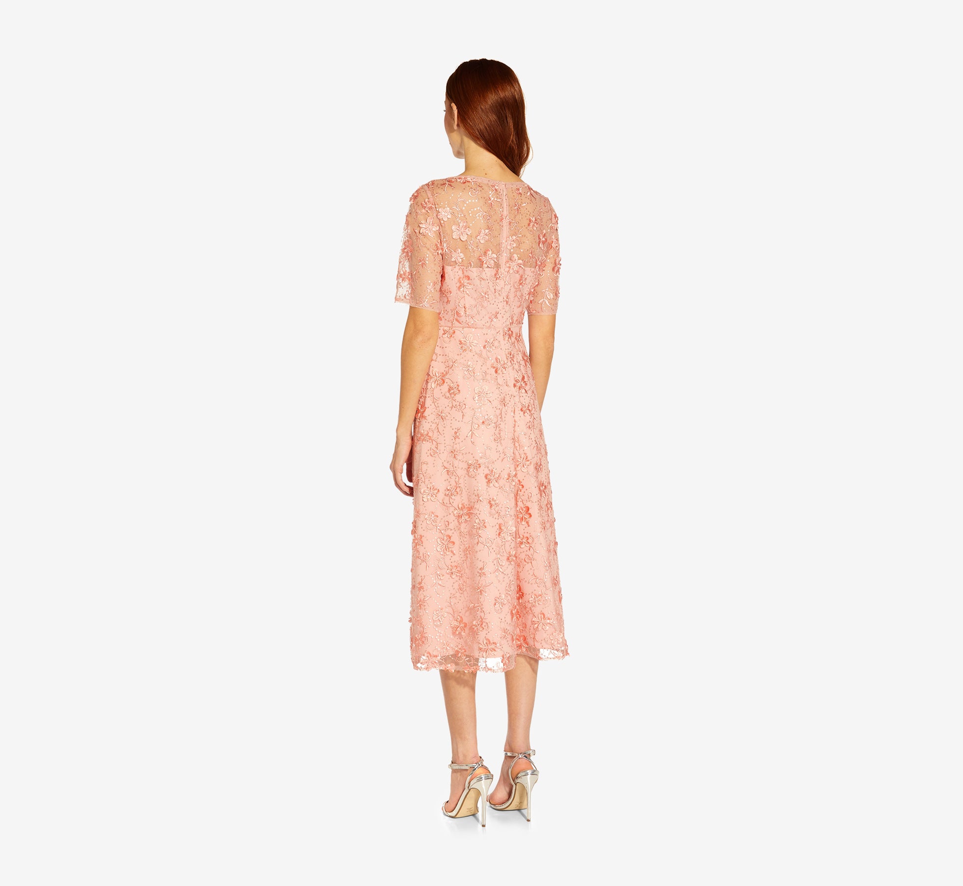 3D Floral Embroidered And Hand-Sequined Tea-Length Fit-And Flare Cocktail Dress In Peach Blossom、mySite、solidvoid