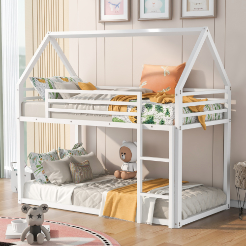 Twin over Twin House Bunk Bed with Ladder and Slide,Black、、casual