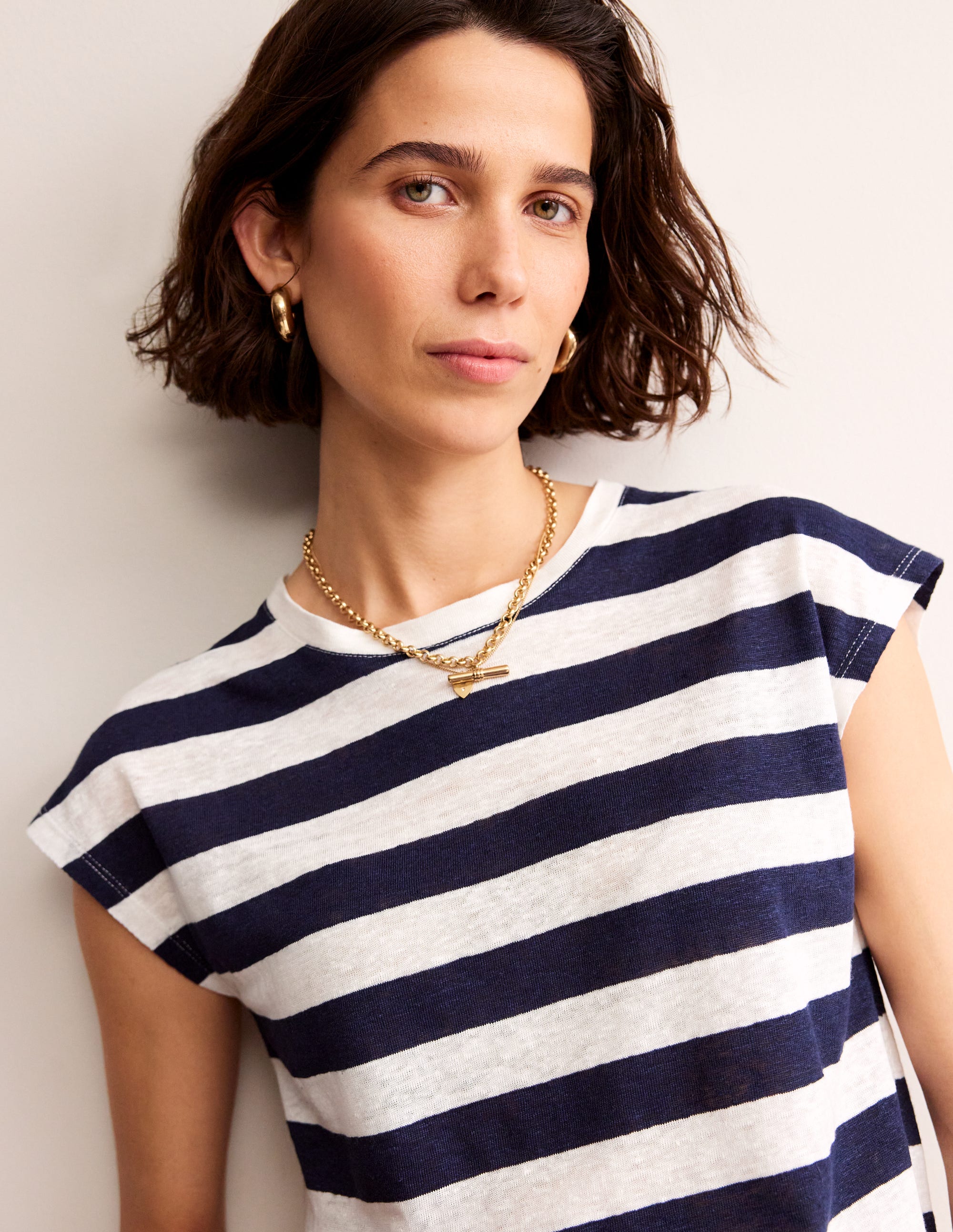  Louisa Crew Neck Linen T-shirt-Navy, Ivory Stripe、mySite、ashleygrahame