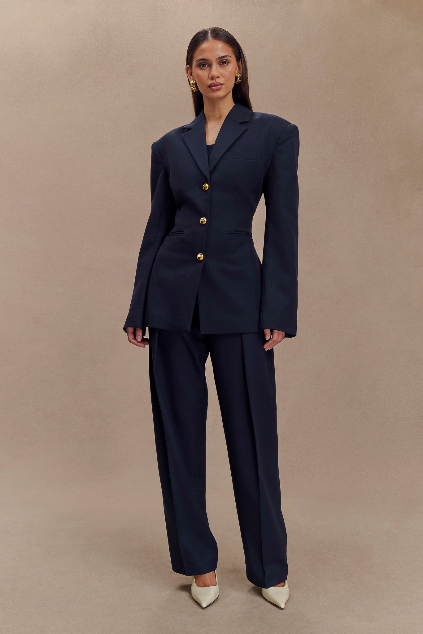 Penelope Pleated High Waisted Pants - Dark Navy、mySite、solidvoid