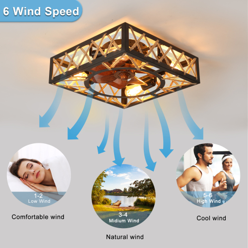 Farmhouse Rustic Ceiling Fan and Remote Control,Square Caged Industrial Ceiling Fixture with 6 Speeds & Noiseless DC Motor for Kitchen Dining Room Living Room Bedroom、、eastwooduniform