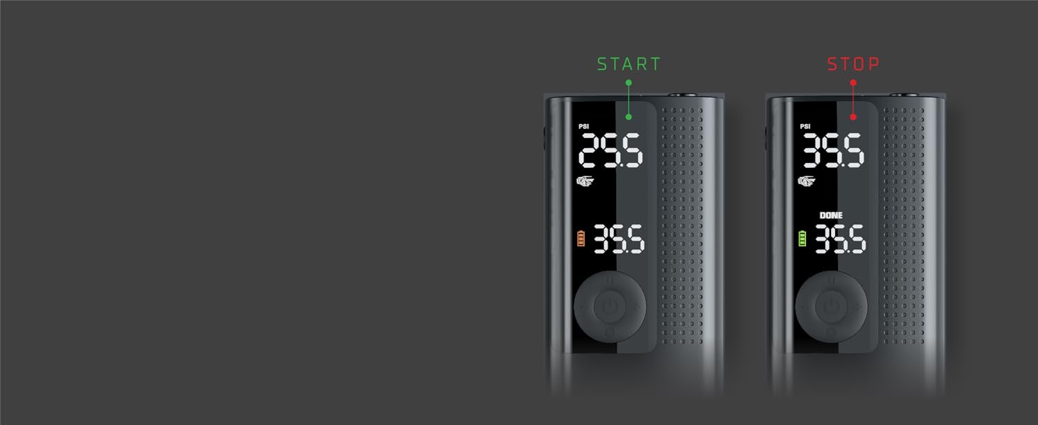 Portable air pump for tires shown filling up motorcycle tire in driveway