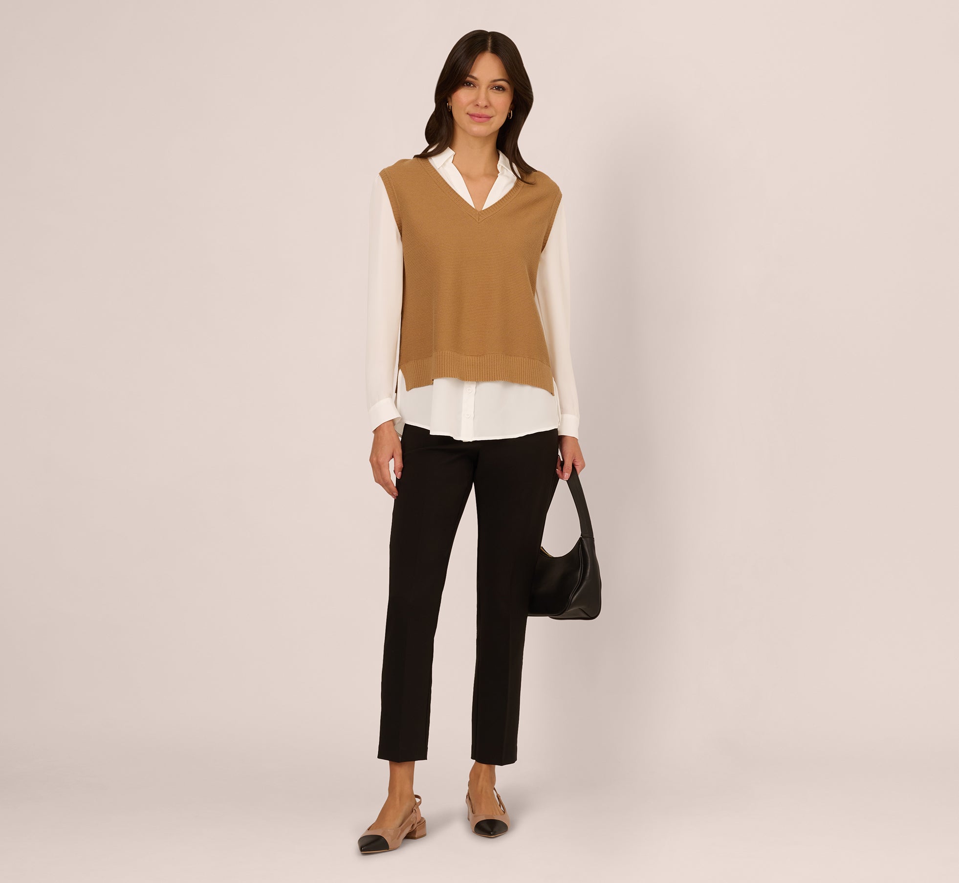 Sweater Vest Collared Twofer Shirt In Camel Ivory、mySite、solidvoid