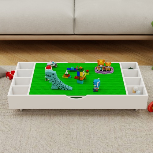 The 2 in 1 Rollaway Play Table and Toy Organizer Compatible with Lego Suitable for Storing Under Bed or Sofa-White (38" x 18.7" x 5.9")、、casual