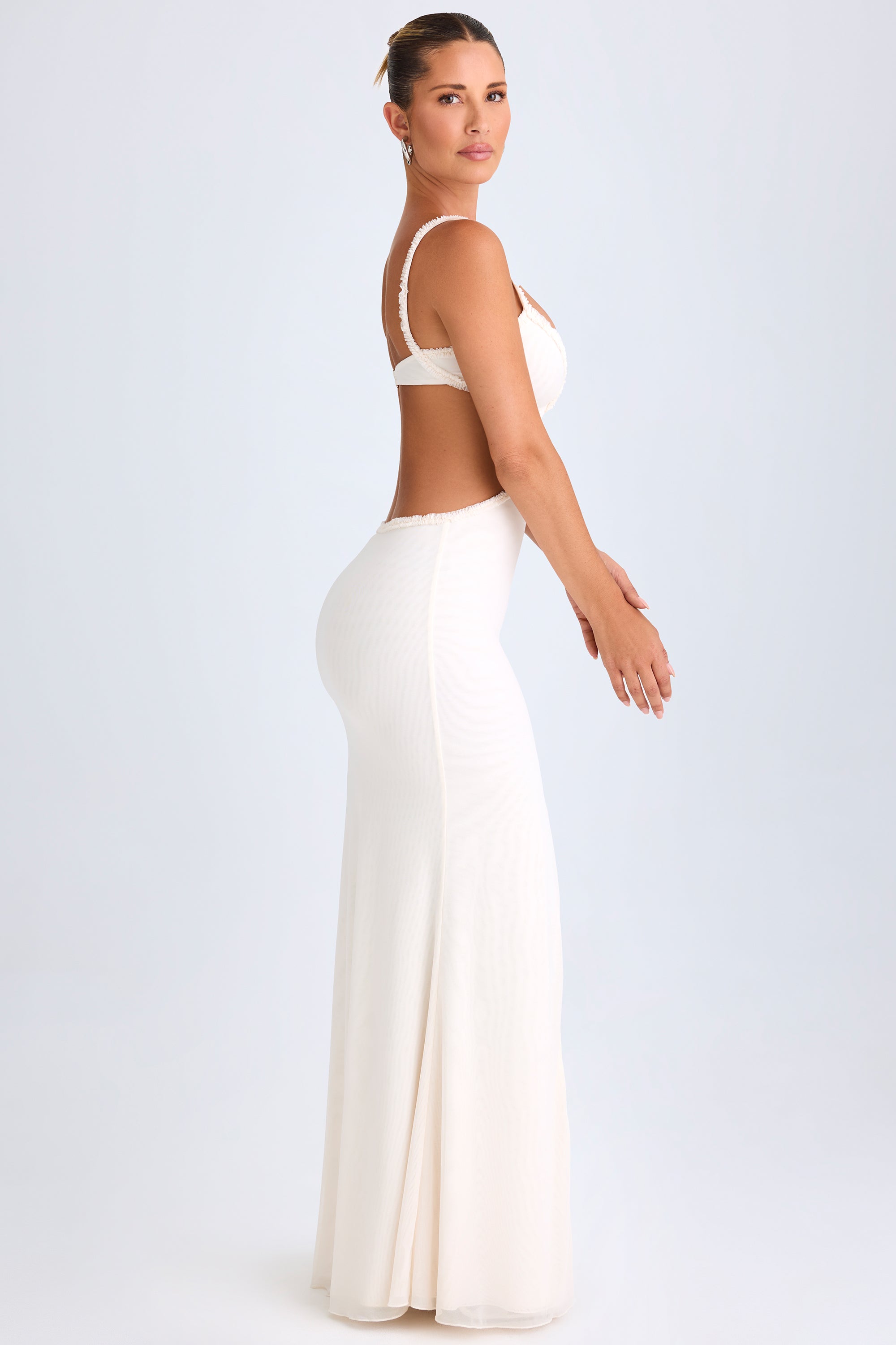 Ruffle-Appliqué Cut-Out Maxi Dress in White、mySite、solidvoid