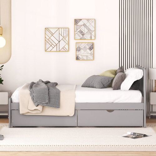 Modern Design Twin Size Platform Bed Frame with 2 Drawers for Walnut Color、、xpatfood