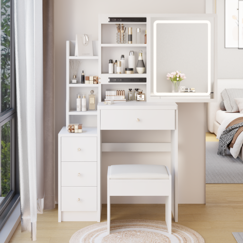 29.2" Small Size Left Bedside Cabinet Vanity Table + Cushioned Stool, Large Sliding, Touch Control, Tri-color Switching, Brightness Adjust LED Mirror, High Capacity Storage, Suitable for Small Space、、xpatfood