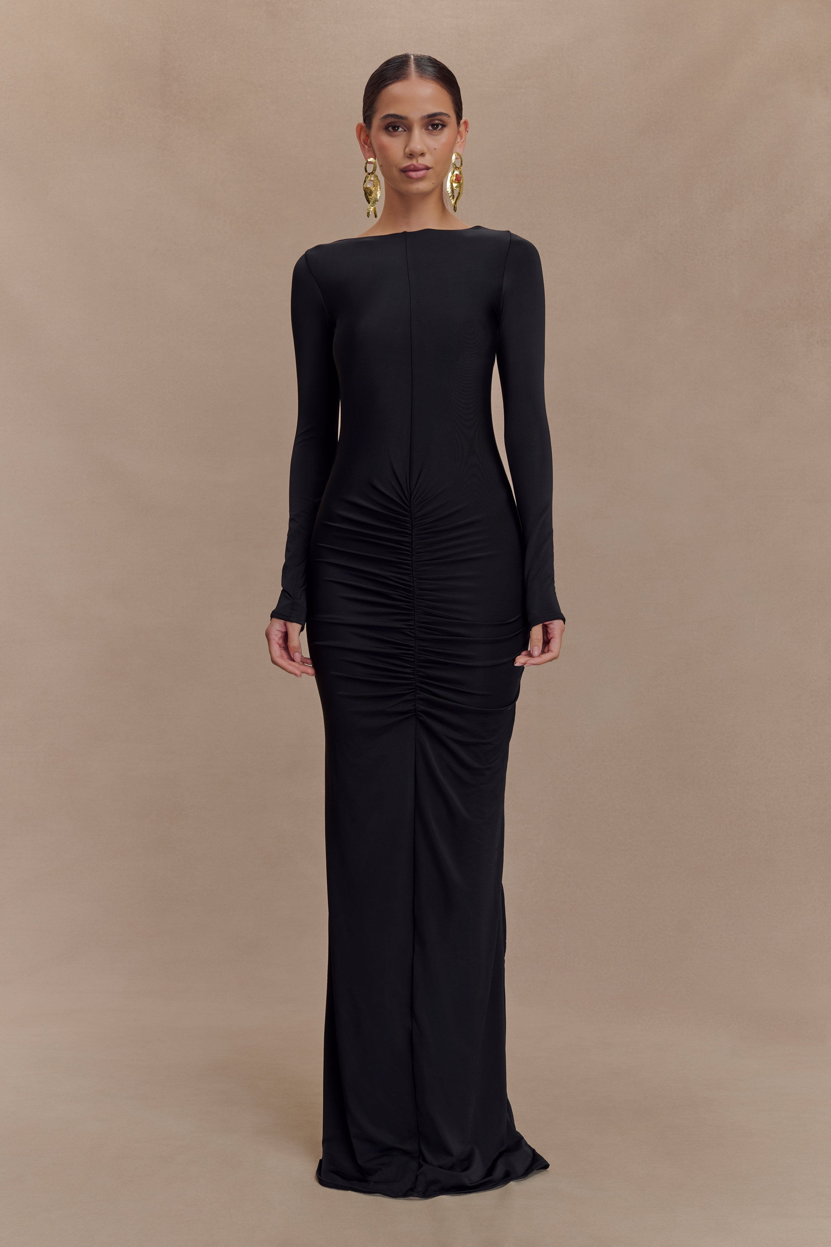Louisa Long Sleeve Slinky Maxi Dress - Black、mySite、solidvoid