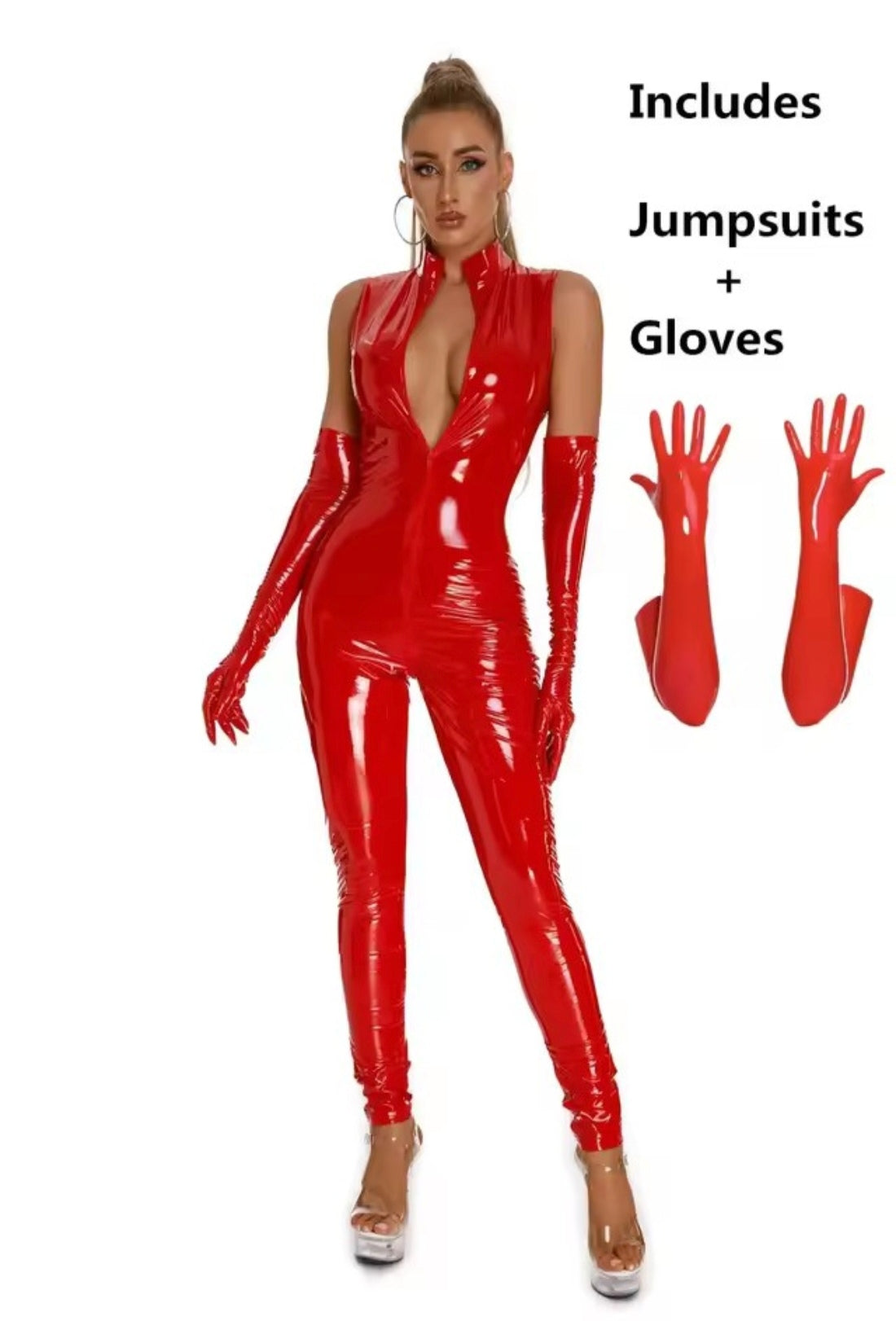 Come Closer PVC Leather Bodysuit | Sleeveless| Wet look | Front Zipper Open Crotch、mySite、bottomscart