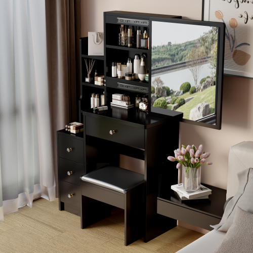 29.2" Small Size Left Bedside Cabinet Vanity Table + Cushioned Stool, Large Sliding, Touch Control, Tri-color Switching, Brightness Adjust LED Mirror, High Capacity Storage, Suitable for Small Space、、xpatfood
