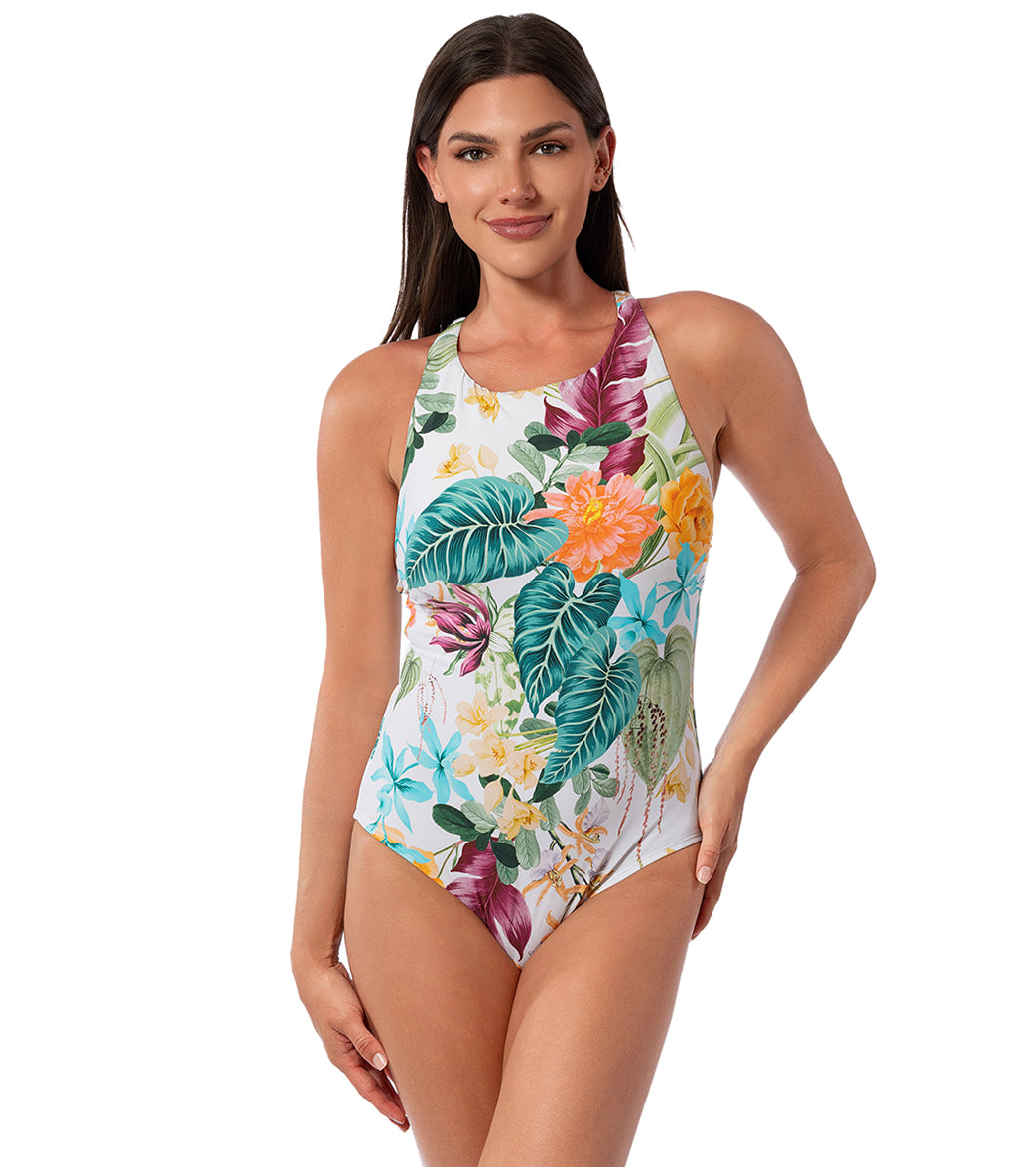 Jantzen Women's Mystic Tropic Layla Cross Back High Neck One Piece Swimsuit、mySite、noshort