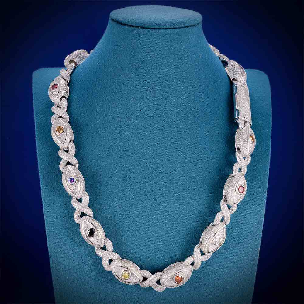 15MM Iced Out Multi Gemstone Evil Eye Eternity Chain 14K Gold、mySite、hinf8tx79