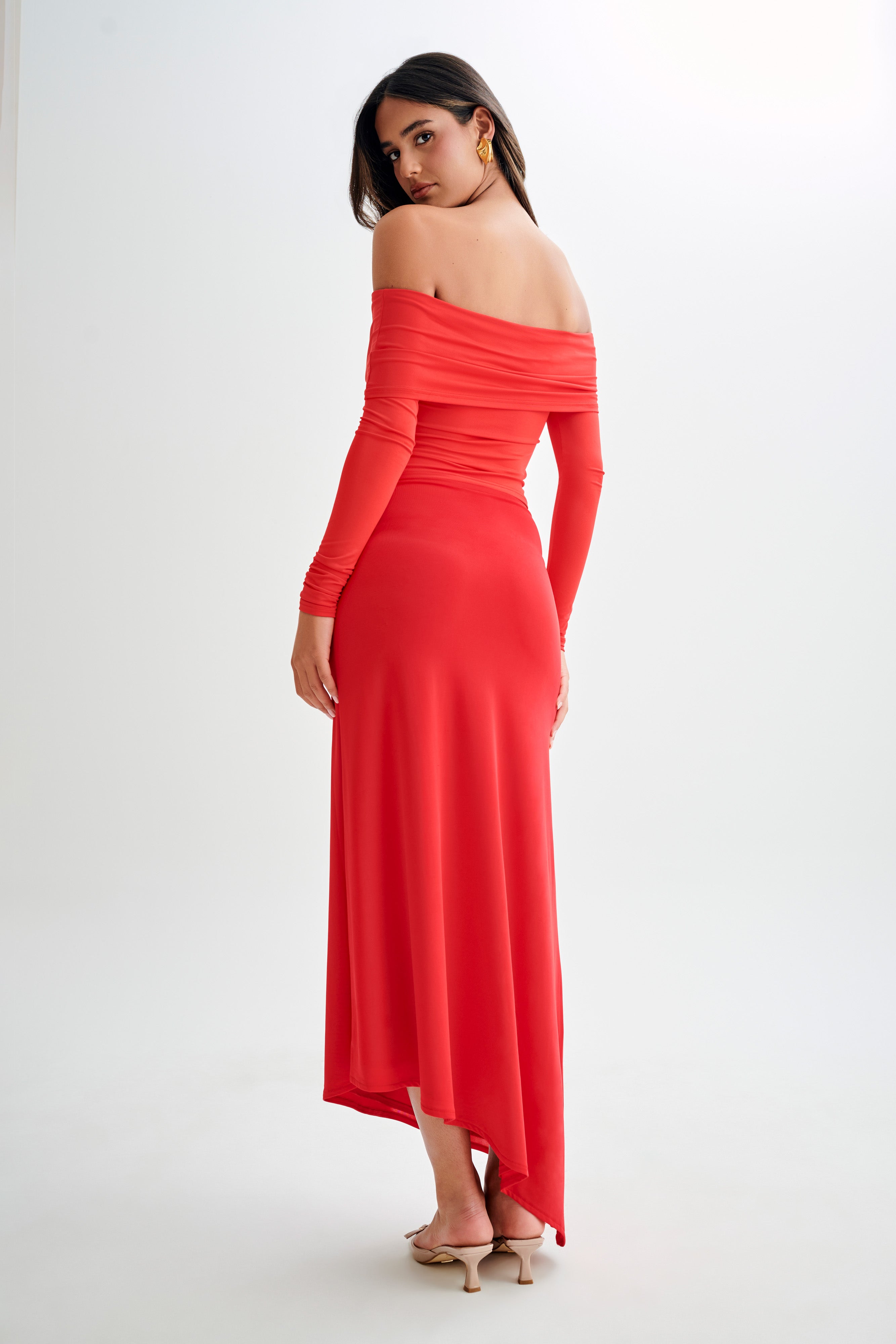 Prue Ruched Off Shoulder Long Sleeve Top - Pomegranate、mySite、solidvoid