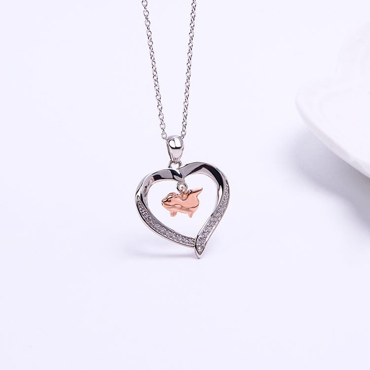 Flying Pig in a Heart with CZ Sterling Silver Necklace 18 Sliding Chain、mySite、g9winljtr