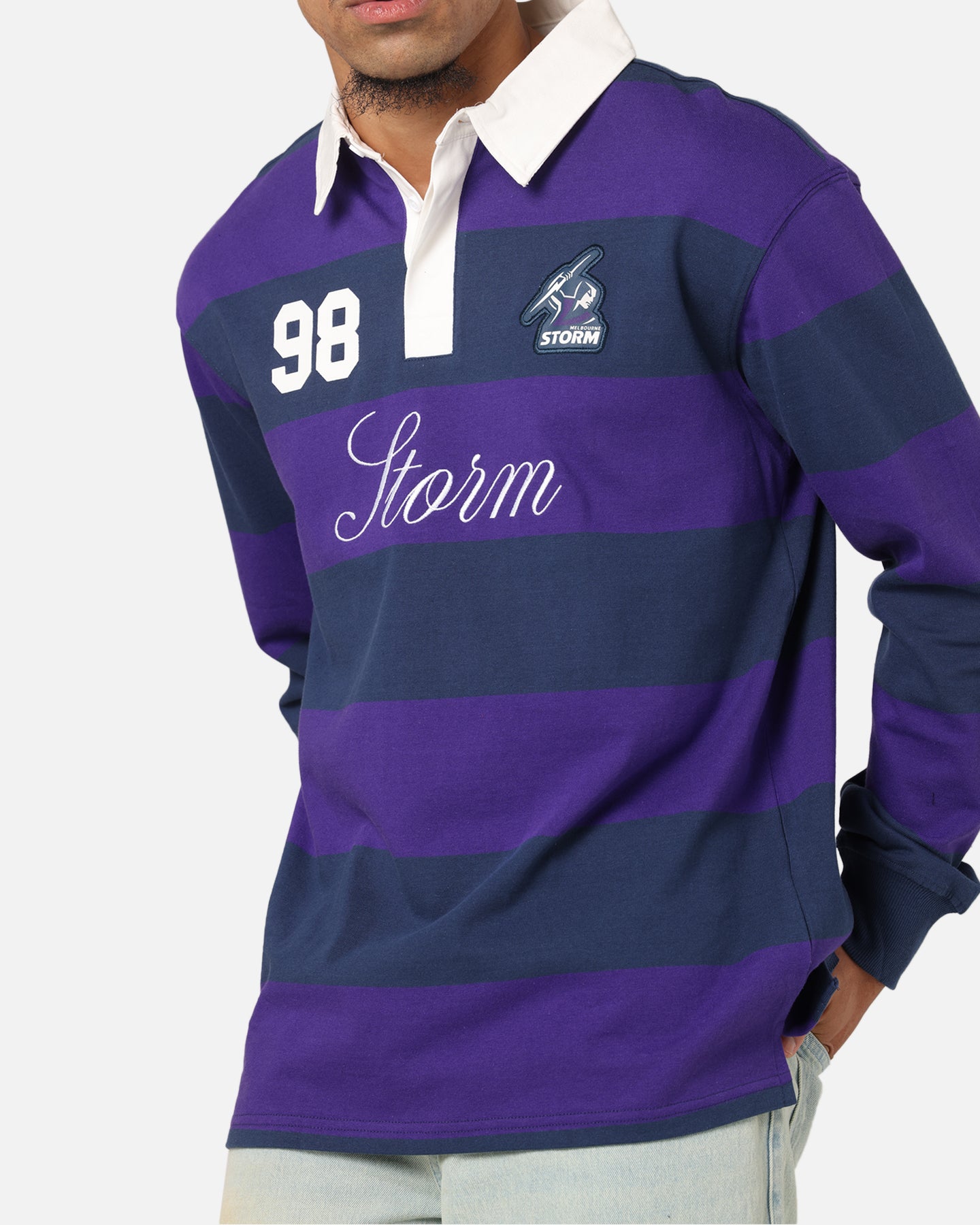 Bleacher Athletic Melbourne Storm NRL Stripe Rugby Polo Shirt Official Team Colour、mySite、zt4zffjzw