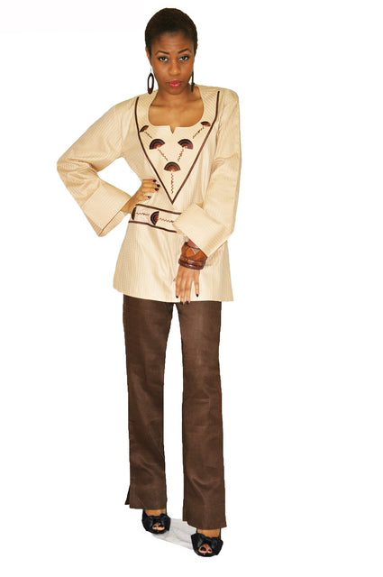 Brown Embroidered Voile Top with Linen Pants for Women、mySite、solidvoid