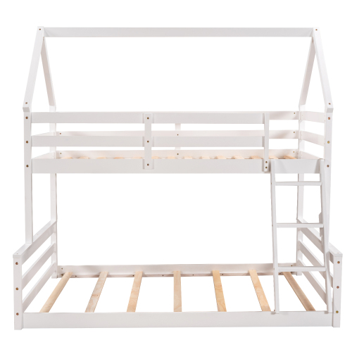 Twin Size Bunk House Bed with Slide and Ladder,White、、casual