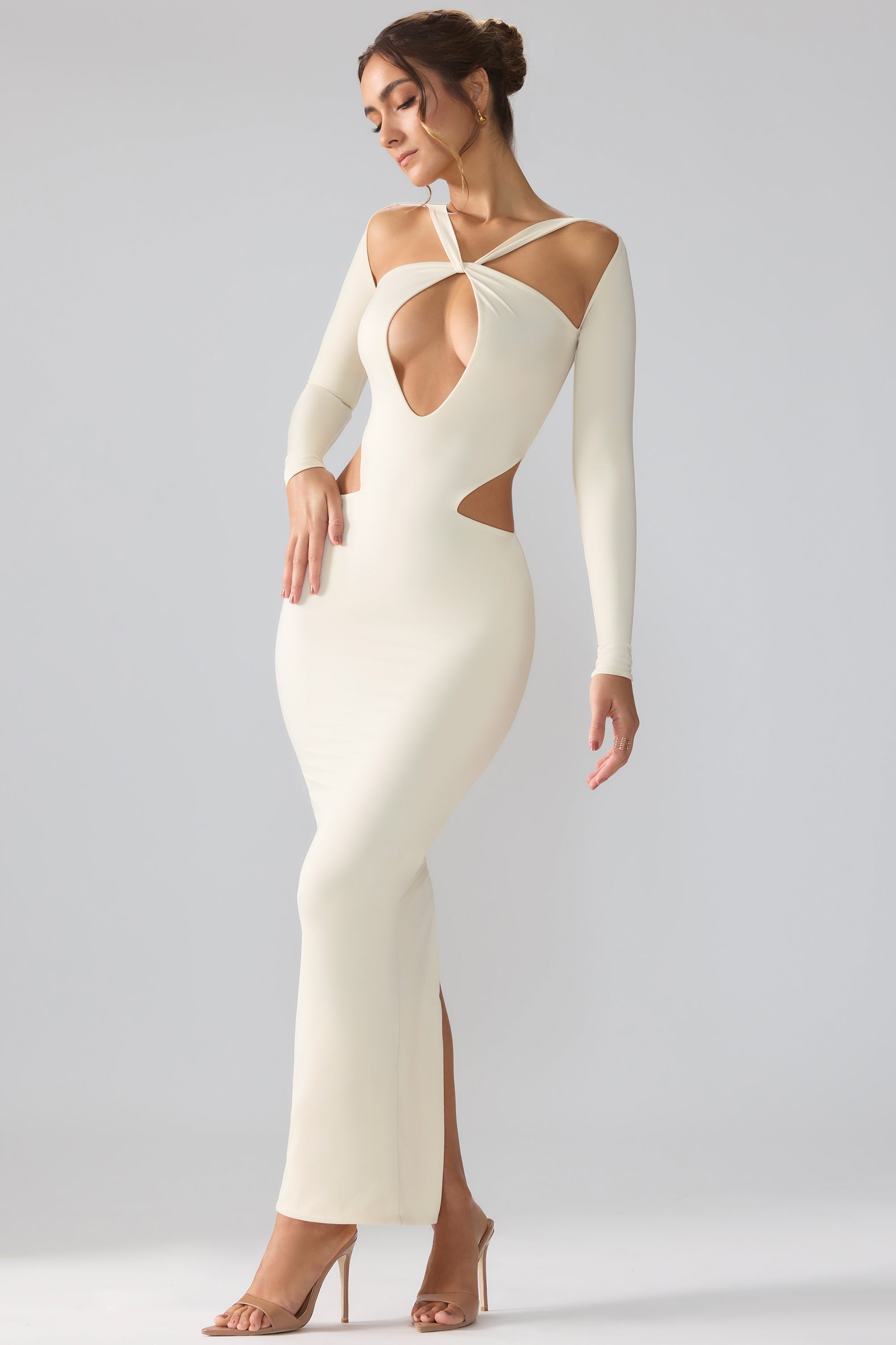 Premium Jersey Long Sleeve Cut Out Maxi Dress in Ivory、mySite、solidvoid