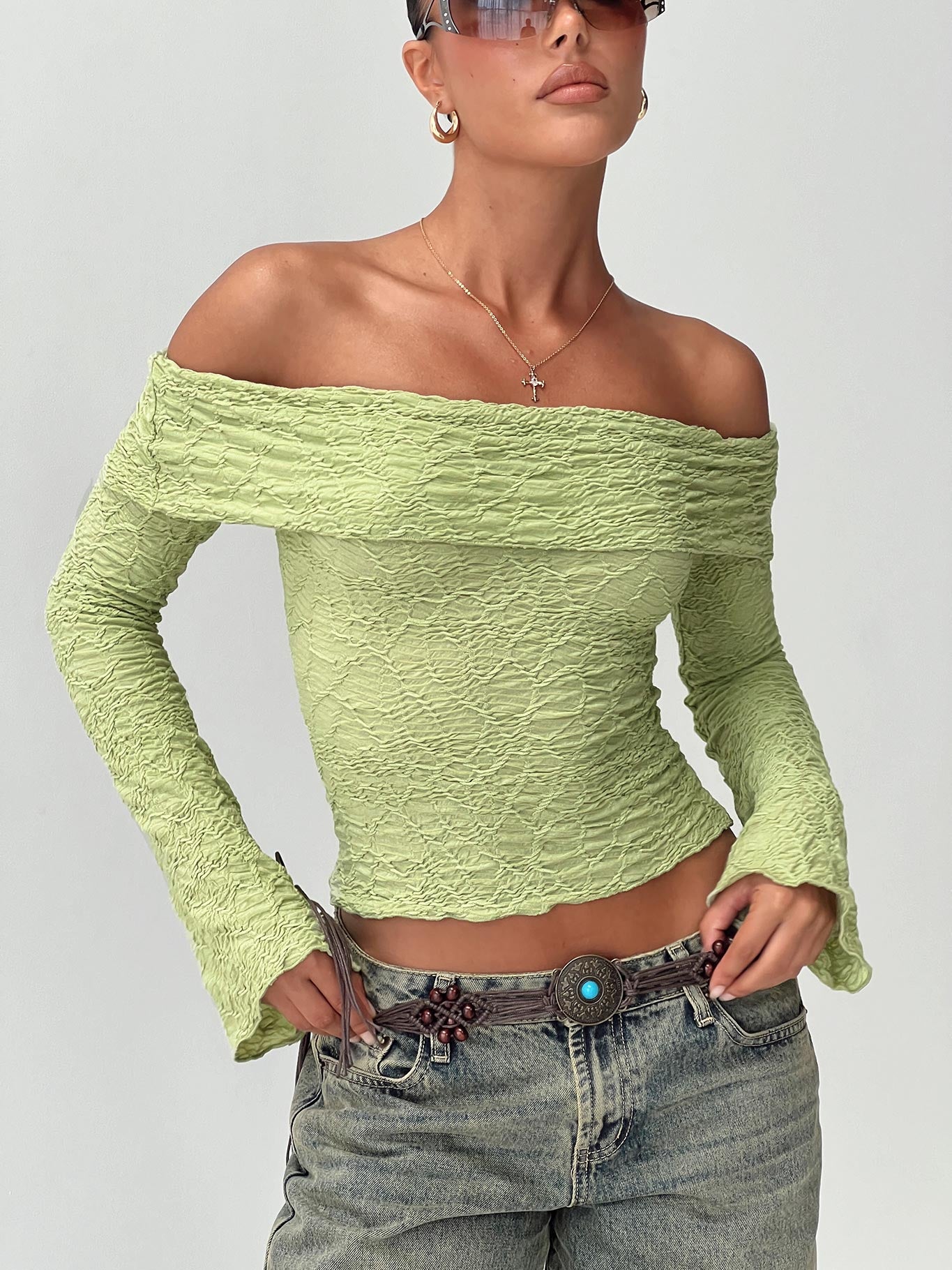 Back With Love Off Shoulder Long Sleeve Top Green、mySite、solidvoid