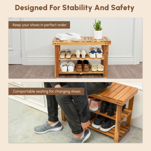 Acacia Wood Shoe Rack Bench, 2-Tier Natural Wooden Shoe Organizer for Entryway, Front Door, or Bathroom, 200 lbs Capacity, 27.6"L x 11"W x 17.8"H, Durable and Easy to Assemble、、eastwooduniform