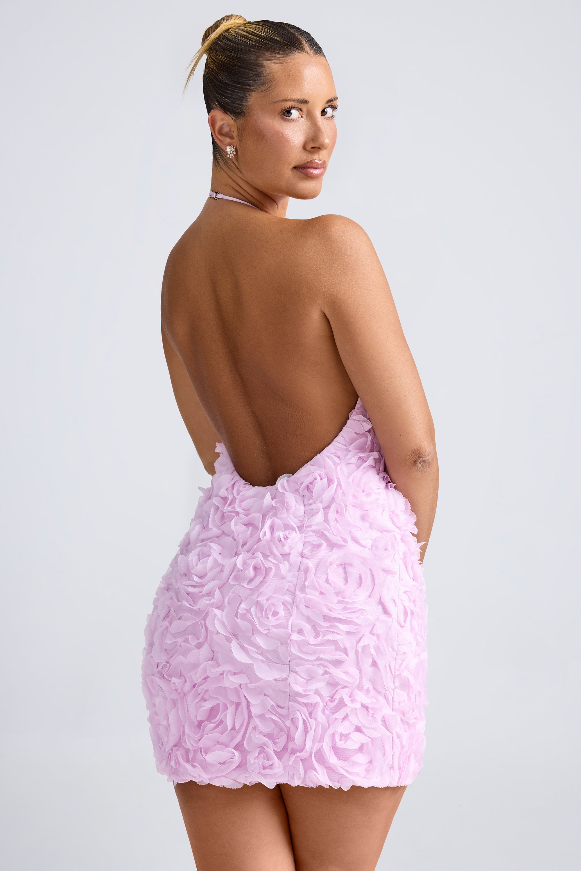 Floral-Appliqué Halterneck A-Line Mini Dress in Lilac、mySite、solidvoid