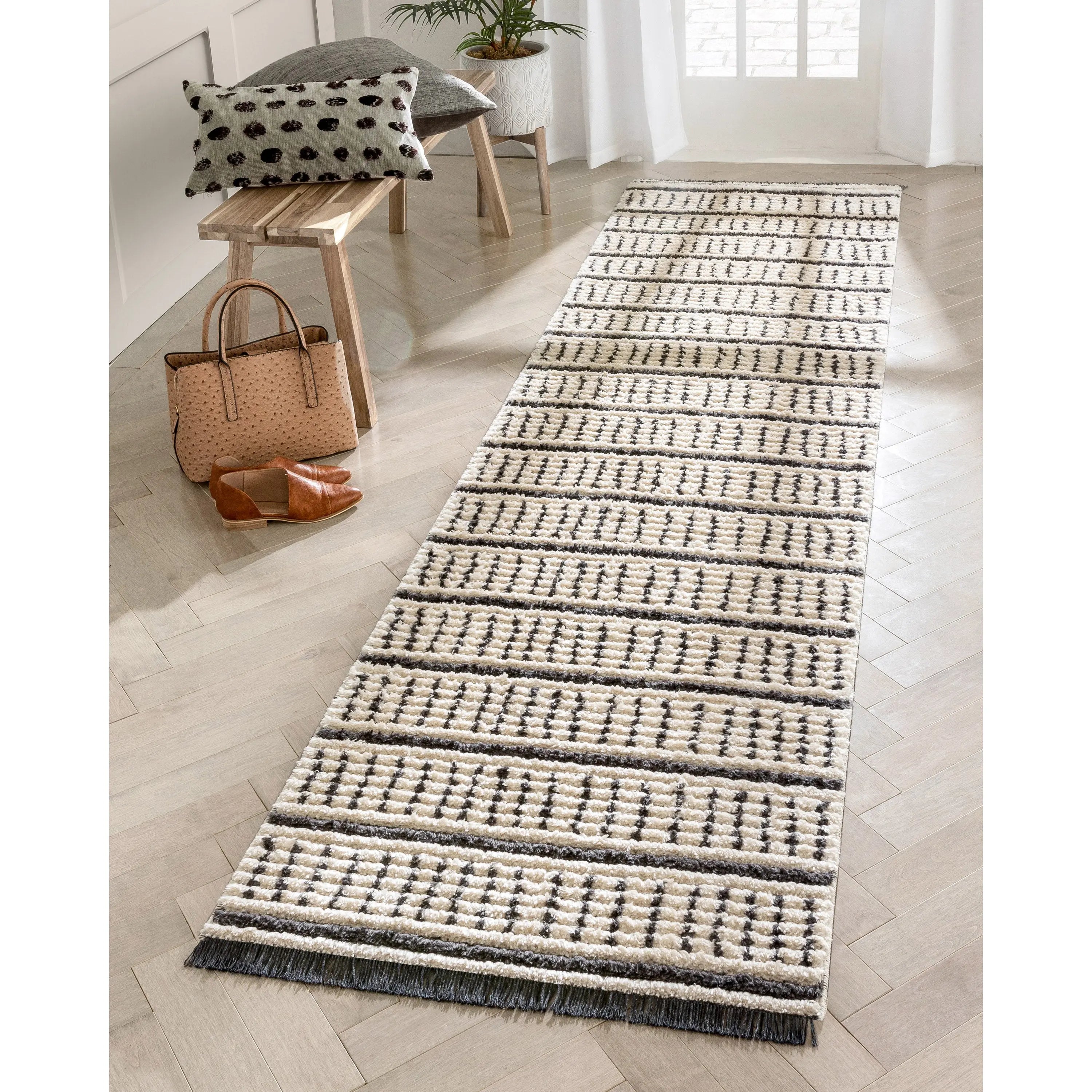 Viho Tribal Geometric Stripes Ivory High-Low Textured Pile Rug、mySite、gigharbornorthrealestate
