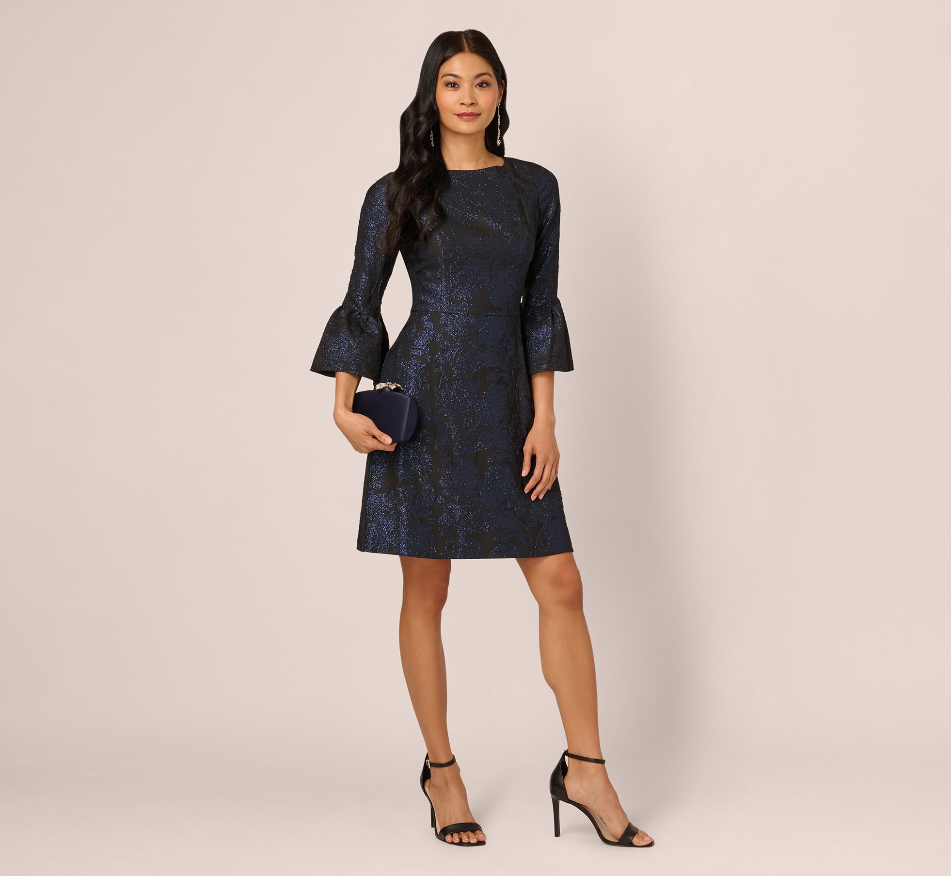 Three Quarter Bell Sleeve Short Jacquard Dress In Navy Black、mySite、solidvoid