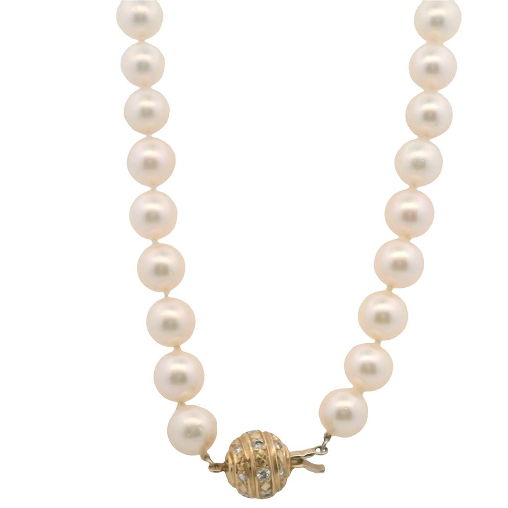  Estate 14K Yellow Gold 8.5mm Freshwater Pearl & Diamond Ball Clasp Strand Necklace