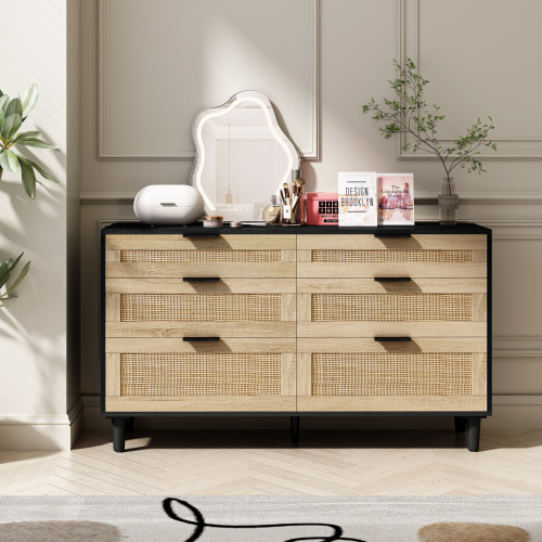 51.18"6-Drawers Rattan Storage Cabinet Rattan Drawer,for Bedroom,Living Room,Natural (Same SKU:W757P198980)、、casual